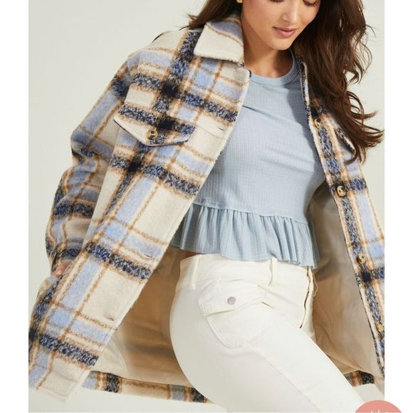 Primark Jackets & Blazers - Primark plaid cream blue button down shacket size Xl